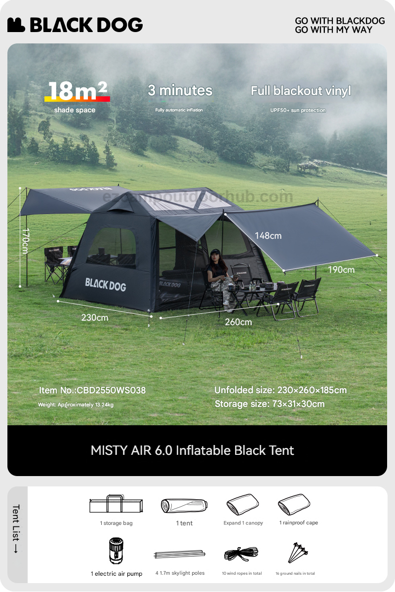 Blackdog MISTY AIR 6.0 Inflatable Black Tent 4 Person Fast Build Built-in Electric Air Pump Large Space up to 18m² Use Vinyl Coated Sunscreen Waterproof Extended Canopy