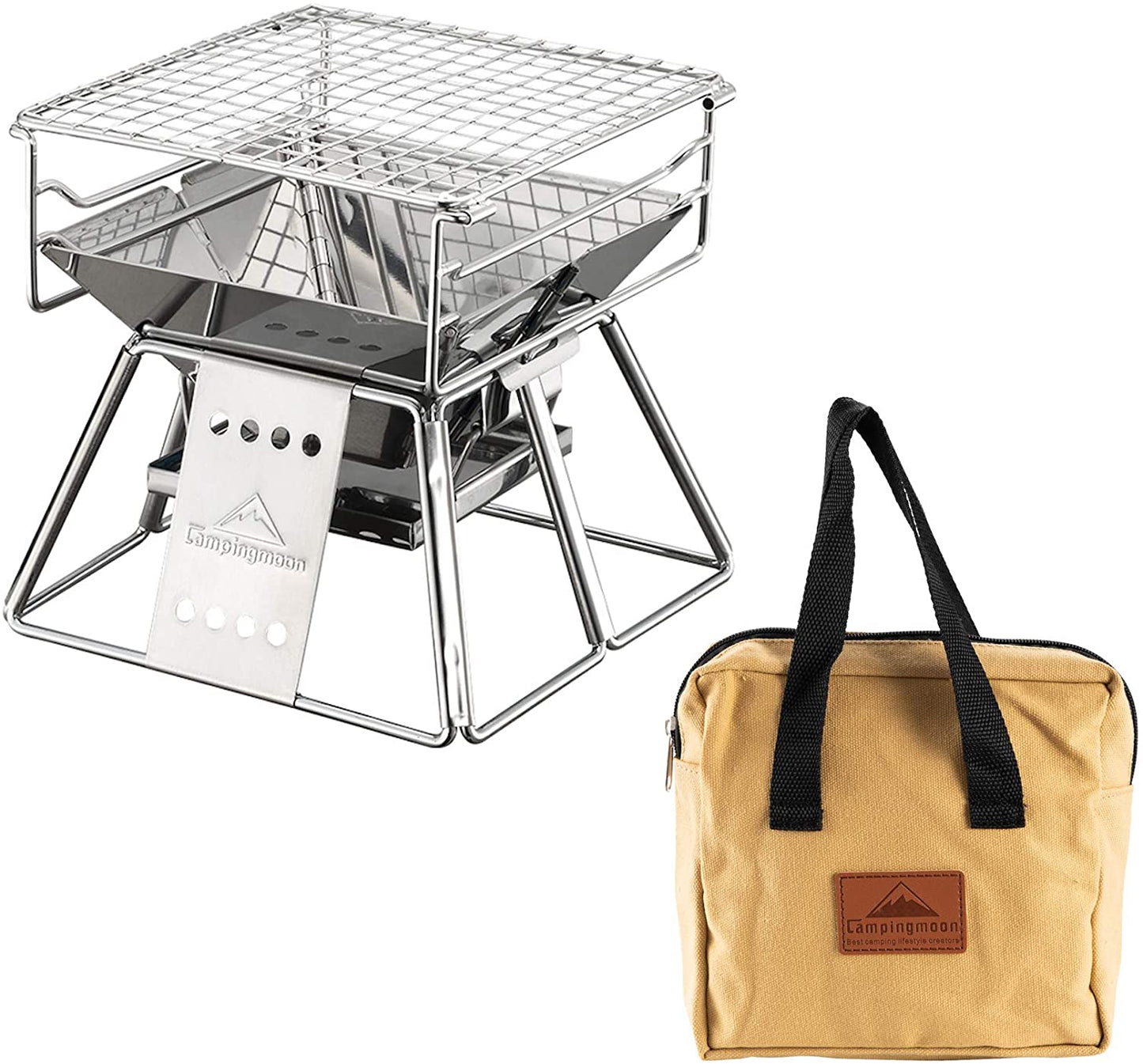 CAMPINGMOON Outdoor Portable Camping BBQ Grill Pure Stainless Steel X-Mini MT-2 MT-3 Charcoal Fire Wood Pit Bonfire Multi Purpose Small Medium Large