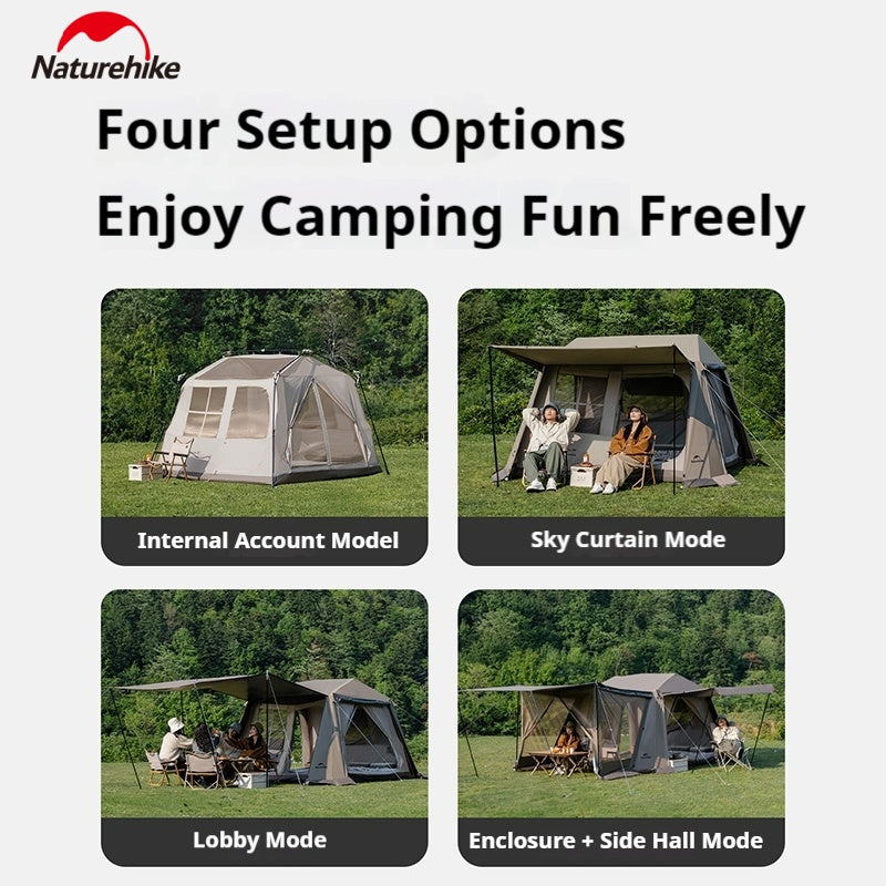 Naturehike VILLAGE 6.0 Gen 3 BASE / FLAGSHIP 4-5 Persons Fast Automatic Cabin Ridge Tent Multiple Setups 15.5m² Space Ti Black Sunscreen Outdoor