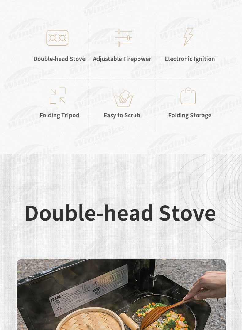 Naturehike Folding Double Camping Gas Stove Outdoor Portable Dual Head Butane Fuel 3000W Fire Power Burner with Foldable Wind Screen