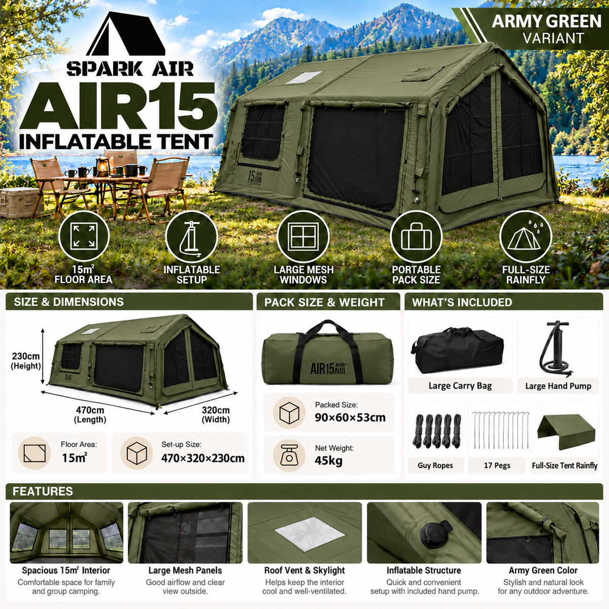 Spark Air AIR15 Inflatable Cabin Tent 15m² Large Space 6-8 Persons TC Cotton Camping Tent
