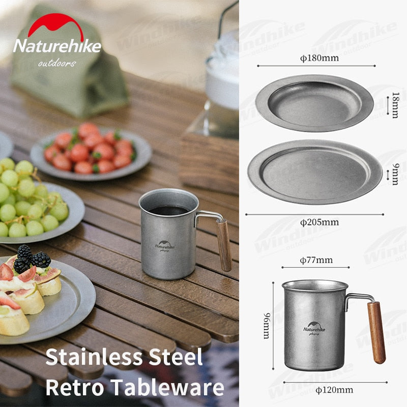 Naturehike Stainless Steel Retro Tableware Set Outdoor Portable Lightweight Vintage Style Plate Dish Cup Mug Coffee Tea Set Camping Hiking Picnic BBQ Dining Travel Utensil Heavy Duty Original Nature Hike