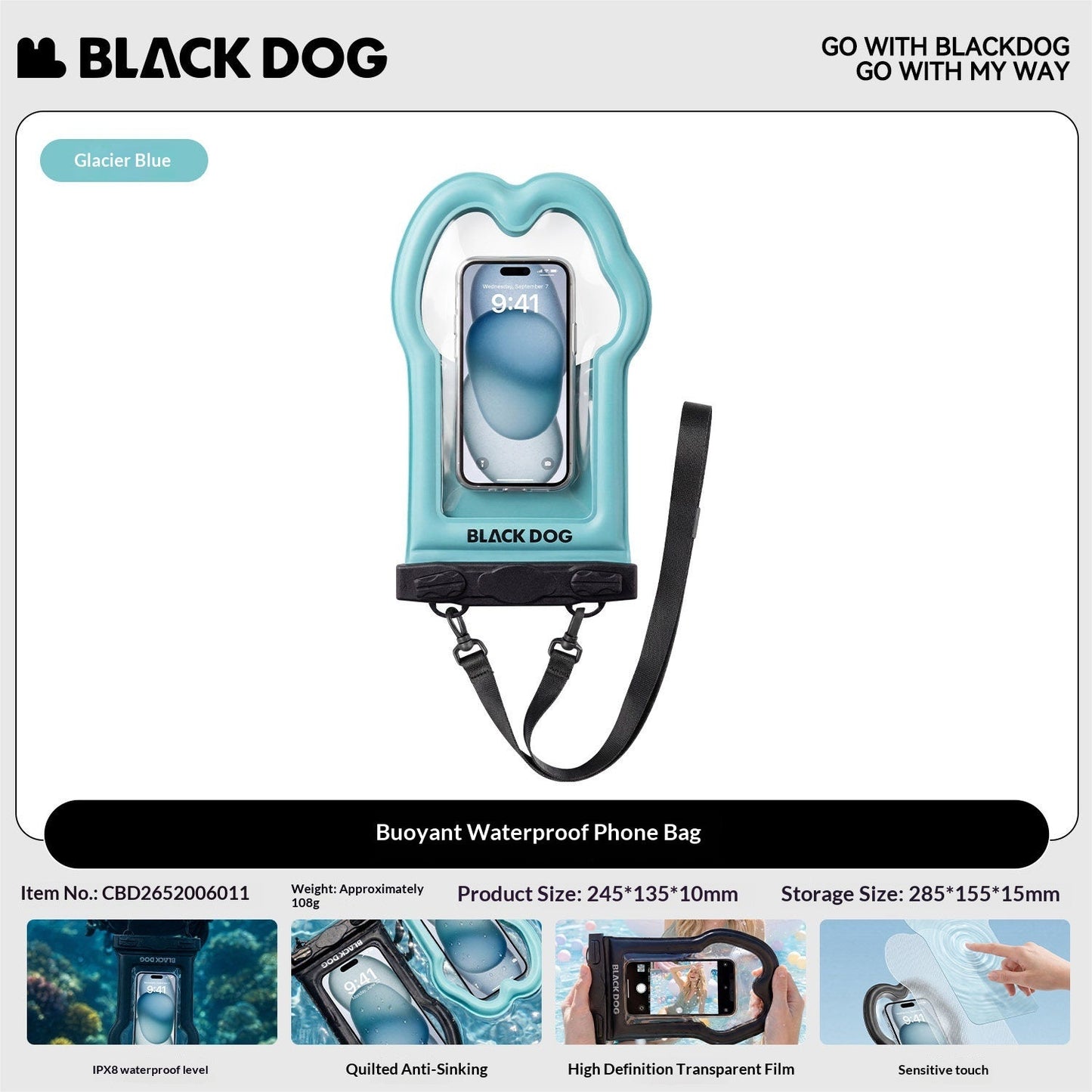 BLACKDOG Bouyant Waterproof Phone Bag Touchscreen Swimming Cover Rafting Gear Pouch PVC Bionic Sensing IPX8 High Definition Transparent Film Outdoor