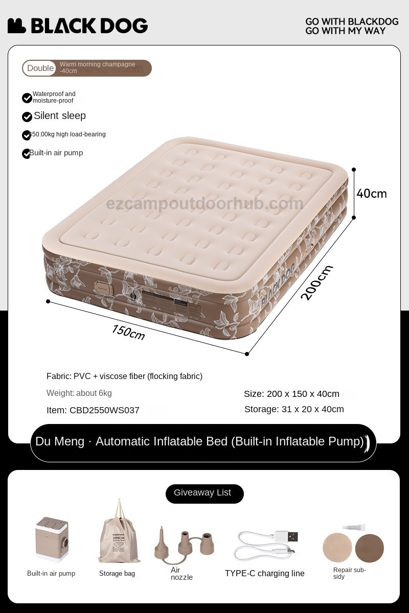 Blackdog CLOUD NEST Automatic Air Inflatable Bed Sleeping Pad 1-2 Persons Camping Home Use Single Queen Size Mattress Built-in Electric USB Charging Air Pump Lamp