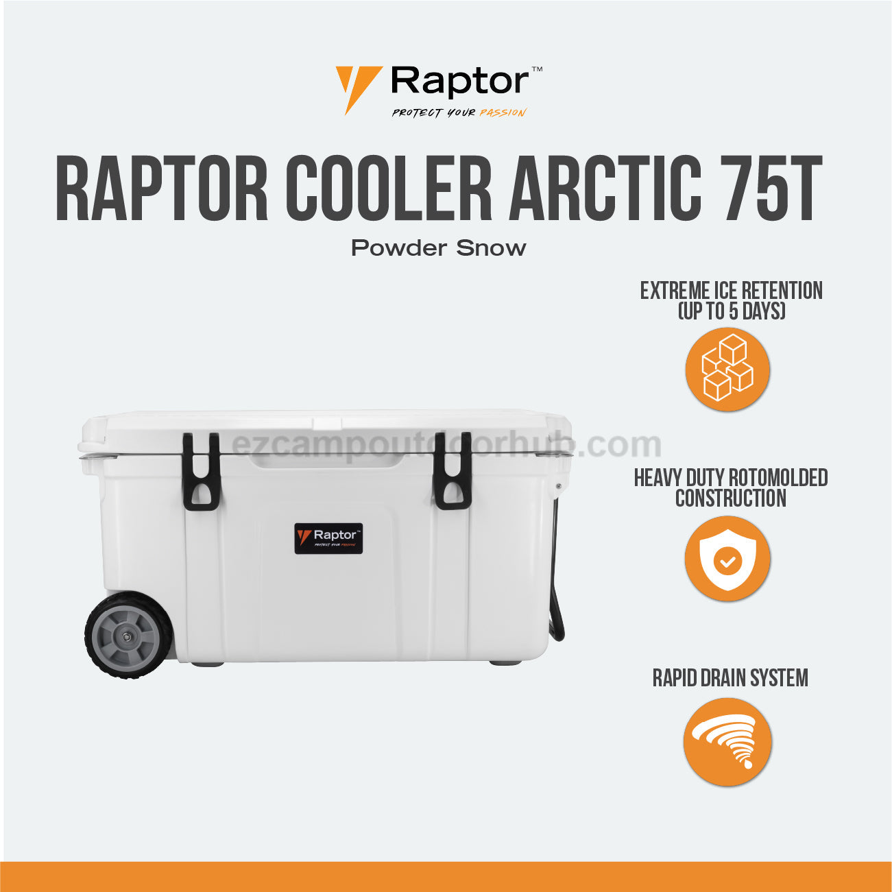 Raptor ARCTIC Trolley 75T 75L Large Capacity Food Drink Ice Storage Chest Container Rapid Drain System Extreme Ice Retention Rotomolded Cooler Outdoor