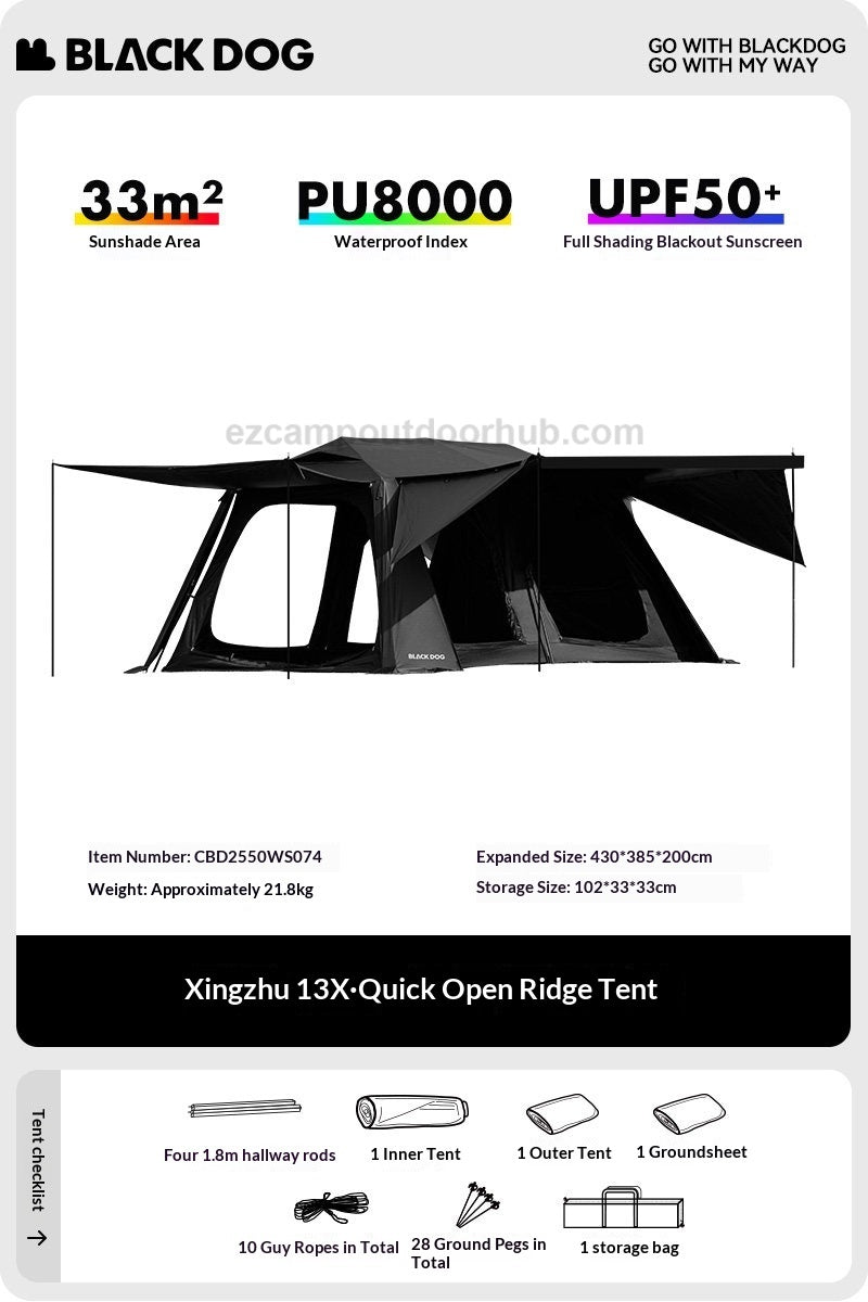 Blackdog STAR CHASE 13X Automatic Cabin Style Tent 8 Person Family Tent 2 Bedroom 3 Living Area Large Group Black Vinyl Coated Waterproof Outdoor Tent