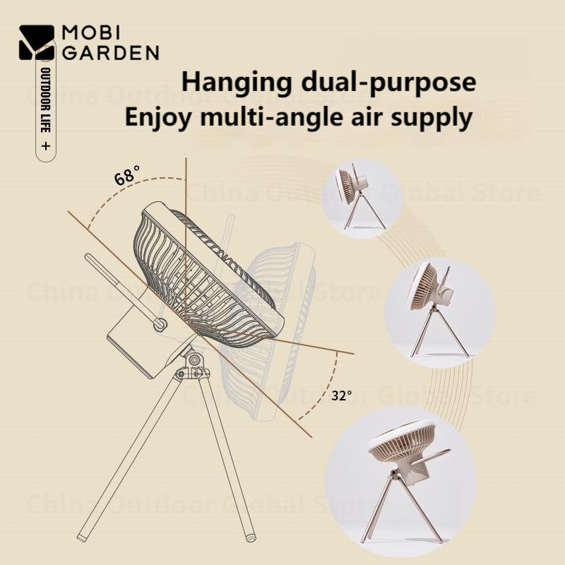 Mobi Garden BREEZE Portable Fan F2 Tripod Hanging Eletric Fan LED Lamp 10000mAh Battery Capacity up to 28H USB C Charging Desk Fan Rechargeable