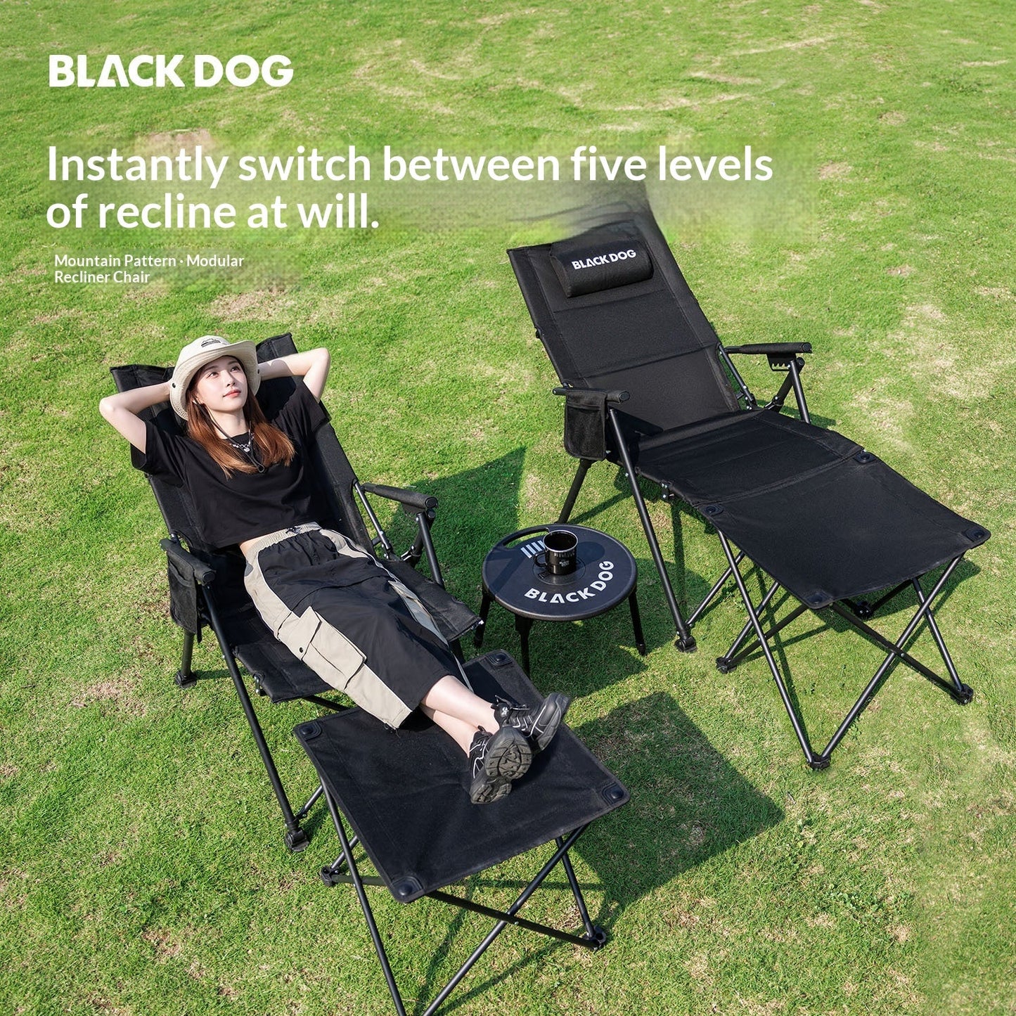 BLACKDOG Modular Recliner Chair Black Portable Lightweight 5-Level Adjustable With Side Table And Footrest Spacious Seat Outdoor Camping Travel