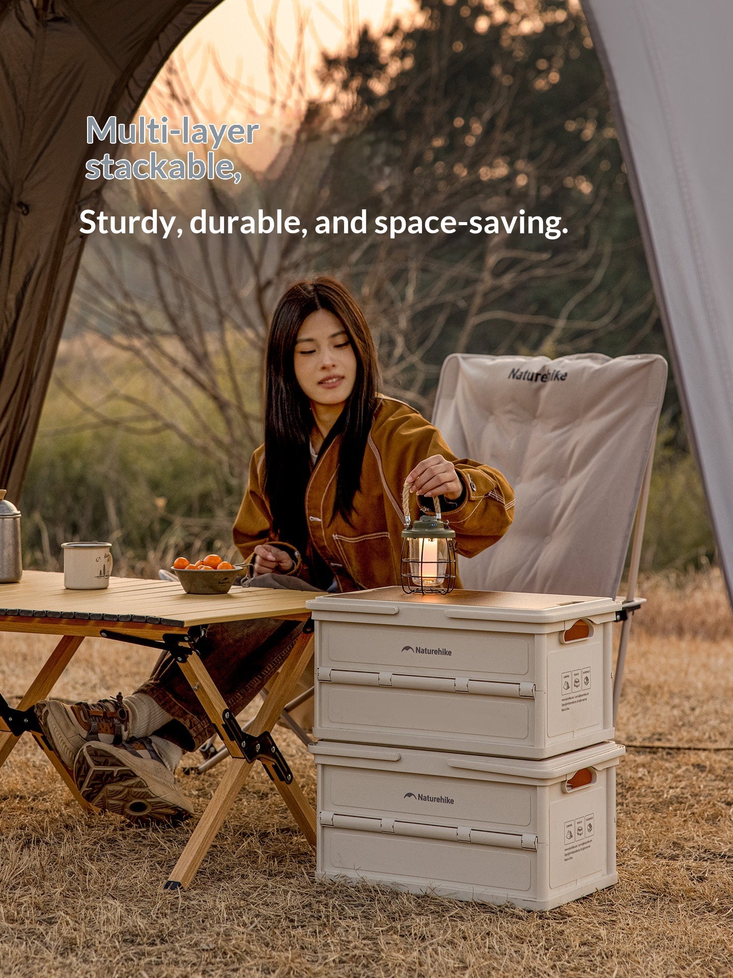 Naturehike LING YUE R Collapsible Storage Box 25L Stackable PP Basket Storage Container With Wood Table Board Outdoor Camping Equipment Utensil