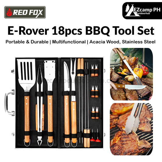 Redfox E-Rover 18pcs BBQ Tool Set Portable Lightweight Multifunctional Barbecue Grill Utensil Spatula Tong Clip Skewer Knife With Elegant Case Outdoor Camping Cooking Accessories Set