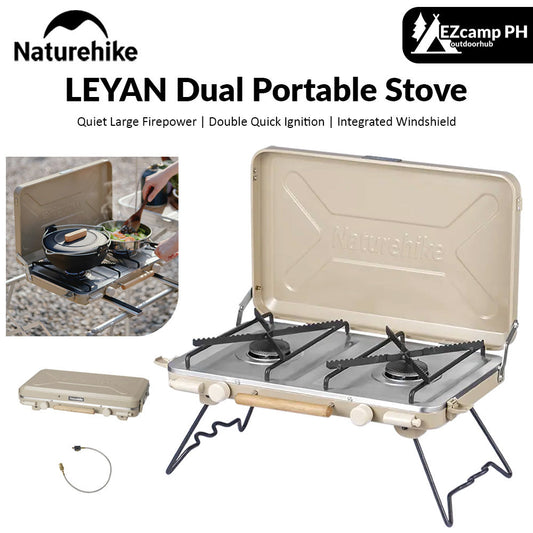 Naturehike LEYAN Double Head Portable Stove Outdoor Camping Kitchen 2 Burner Dual Ignition Butane Gas Burner Windshield Stand 2.5kw Firepower Furnace