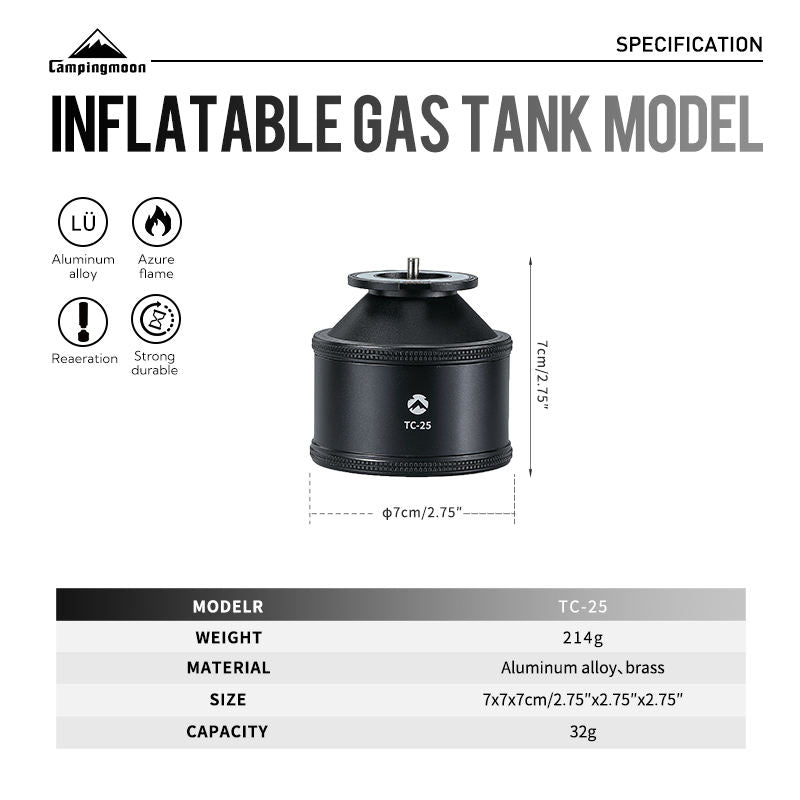 CAMPINGMOON TC-25 Refillable Nozzle-Type Butane Canister Black Empty Mini Pocket Tank Standard Gas Stove Lamp Lantern Torch Cassette Premium Aluminum