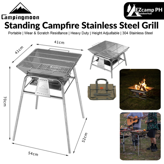 CAMPINGMOON MT-5 Standing Campfire Stainless Steel Grill Portable Folding Charcoal Fire Wood Burner Fire Pit Bonfire Firewood Rack Outdoor Camping Travel