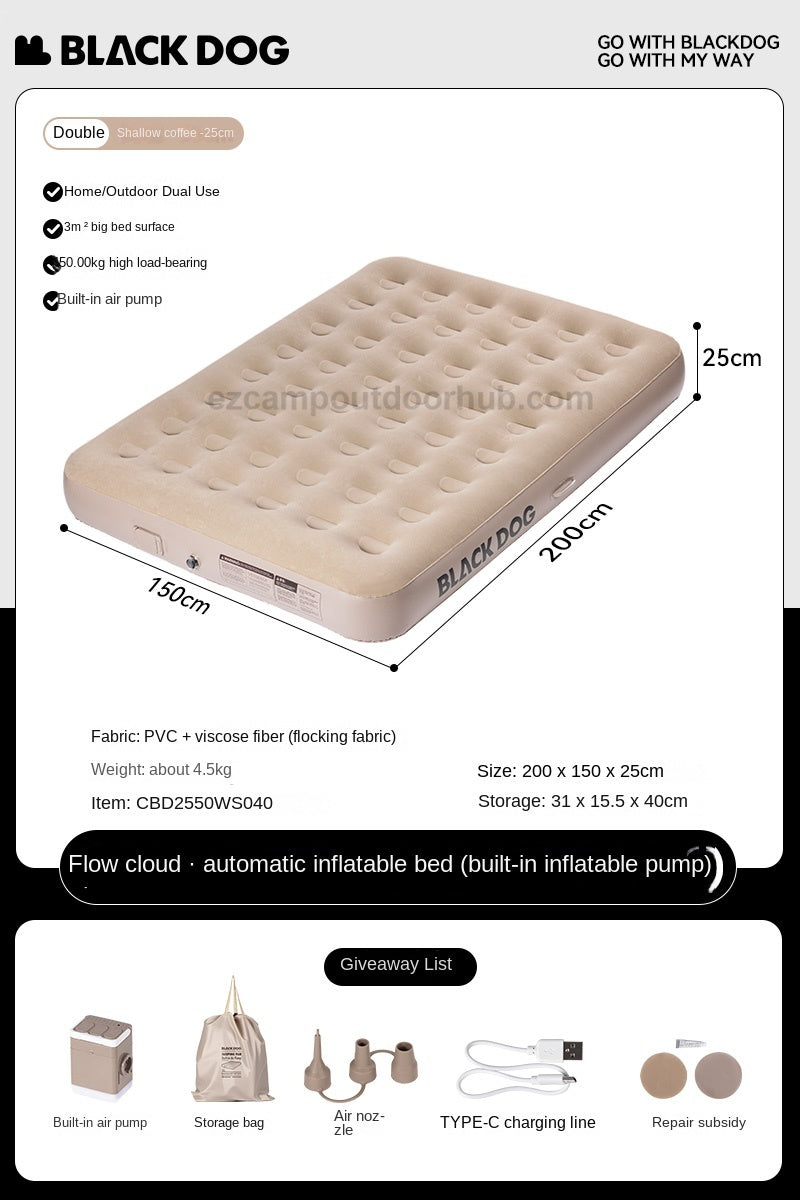 Blackdog CLOUD NEST Automatic Air Inflatable Bed Sleeping Pad 1-2 Persons Camping Home Use Single Queen Size Mattress Built-in Electric USB Charging Air Pump Lamp