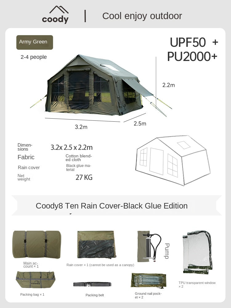 Coody Premium Cabin AIR 8.0 Air Inflatable Tent 4-6 Person 8m² Interior Space Blended Cotton Waterproof Outdoor Camping Black Vinyl Coated Sunscreen Rain Cover