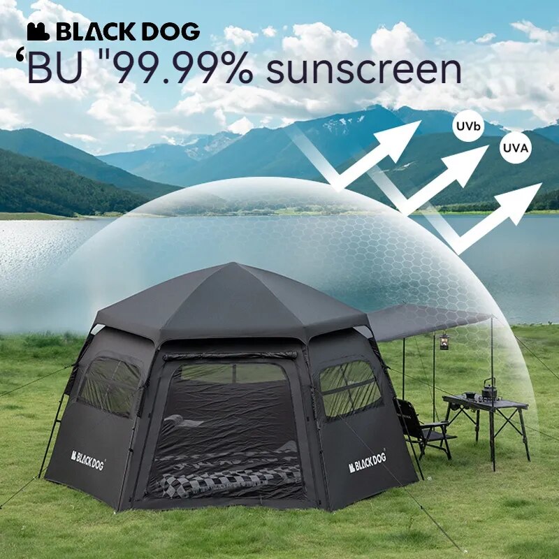 BLACKDOG Hexagonal Fast Automatic Tent Outdoor Camping Large 12.5m² for 4-6 Person Blackout Sunscreen 3 Side Awning Vinyl Coated Hexagon Auto Tent