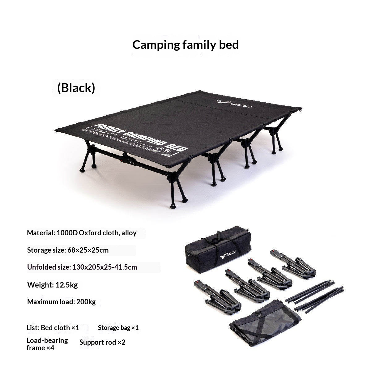 ANY CAMPING Family Camping Bed Quick Setup 2-Person Extra Wide Adjustable Folding Cot Load Bearing 200kg 130x205cm Heavy Duty 1000D Oxford Fabric