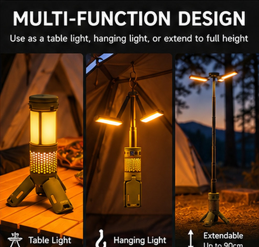 Coody C-3065 Telescopic Tripod Lamp Portable Multifunctional 3 Adjustable Light Modes LED Camping Lantern IPX4 Waterproof USB C Charging Light Outdoor