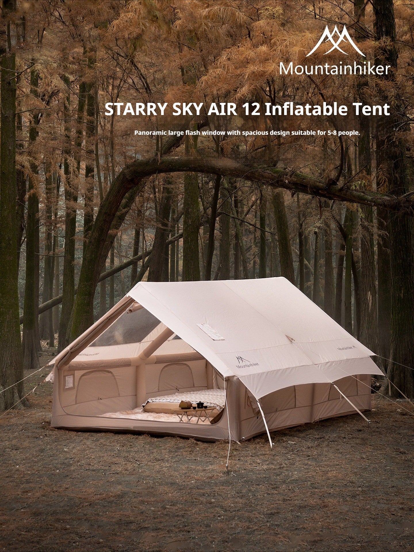Mountainhiker STARRY SKY AIR 12 Inflatable Tent 5-8 Persons Panoramic Sunroof Large 12m² Interior Space 4 Sided Breathable Windows Waterproof Outdoor