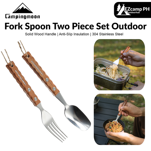 Campingmoon CS-23 Fork Spoon Two Piece Set Outdoor Portable Stainless Steel Solid Wood Handle Tableware Fork Spoon Wooden Handle Hanging Design