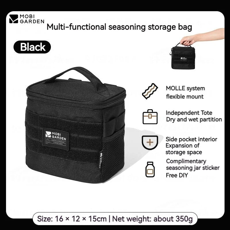 Mobi Garden 6pcs Set Spice Condiments Portable Storage Bag MOLLE Black Tactical Design Kitchen Cooking Sauce Seasoning Bottle Organizer Outdoor Camping Picnic Jar Canister Utensil Mobigarden