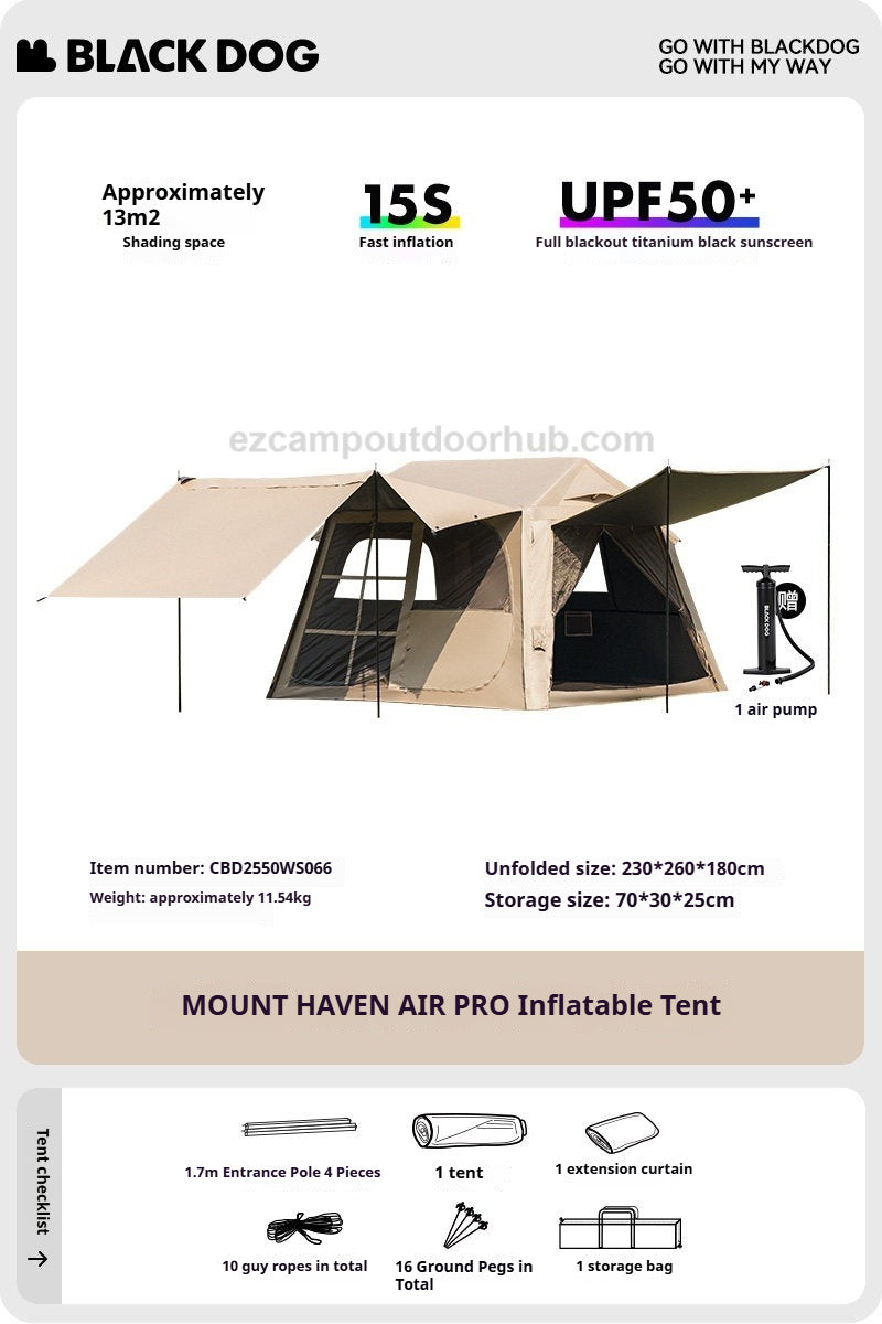 Blackdog MOUNT HAVEN AIR PRO Inflatable Tent Fast Build Cabin Style Shelter 4-5 Persons PVC Air Pole Waterproof Black Vinyl Coated Sunscreen Outdoor