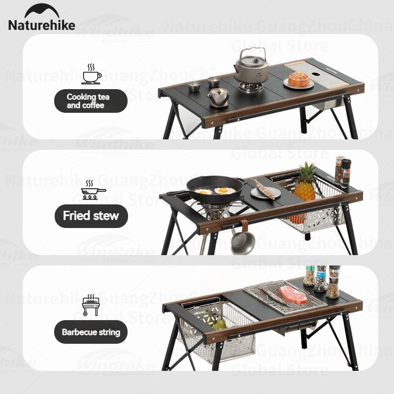 Naturehike IGT Aluminum Alloy Folding Table Multifunctional Quick-Open Table Removable BBQ Grill Wood Picnic Fishing Hiking Camping Outdoor