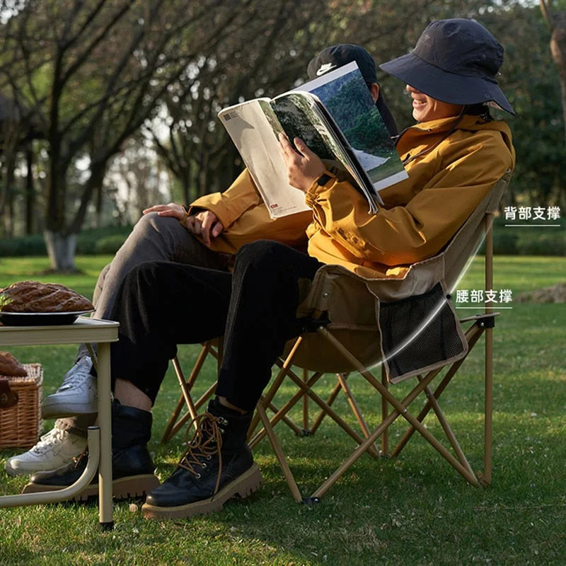 MOBI GARDEN Large Double Folding Moon Chair Outdoor Foldable Camping Easy Assemble Storage 150kg Max Load Stable Steel Pipe Frame 600D Oxford Portable Seat with Storage Bag Mobigarden