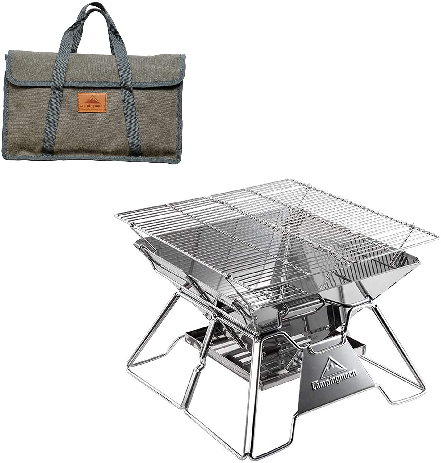 CAMPINGMOON Outdoor Portable Camping BBQ Grill Pure Stainless Steel X-Mini MT-2 MT-3 Charcoal Fire Wood Pit Bonfire Multi Purpose Small Medium Large