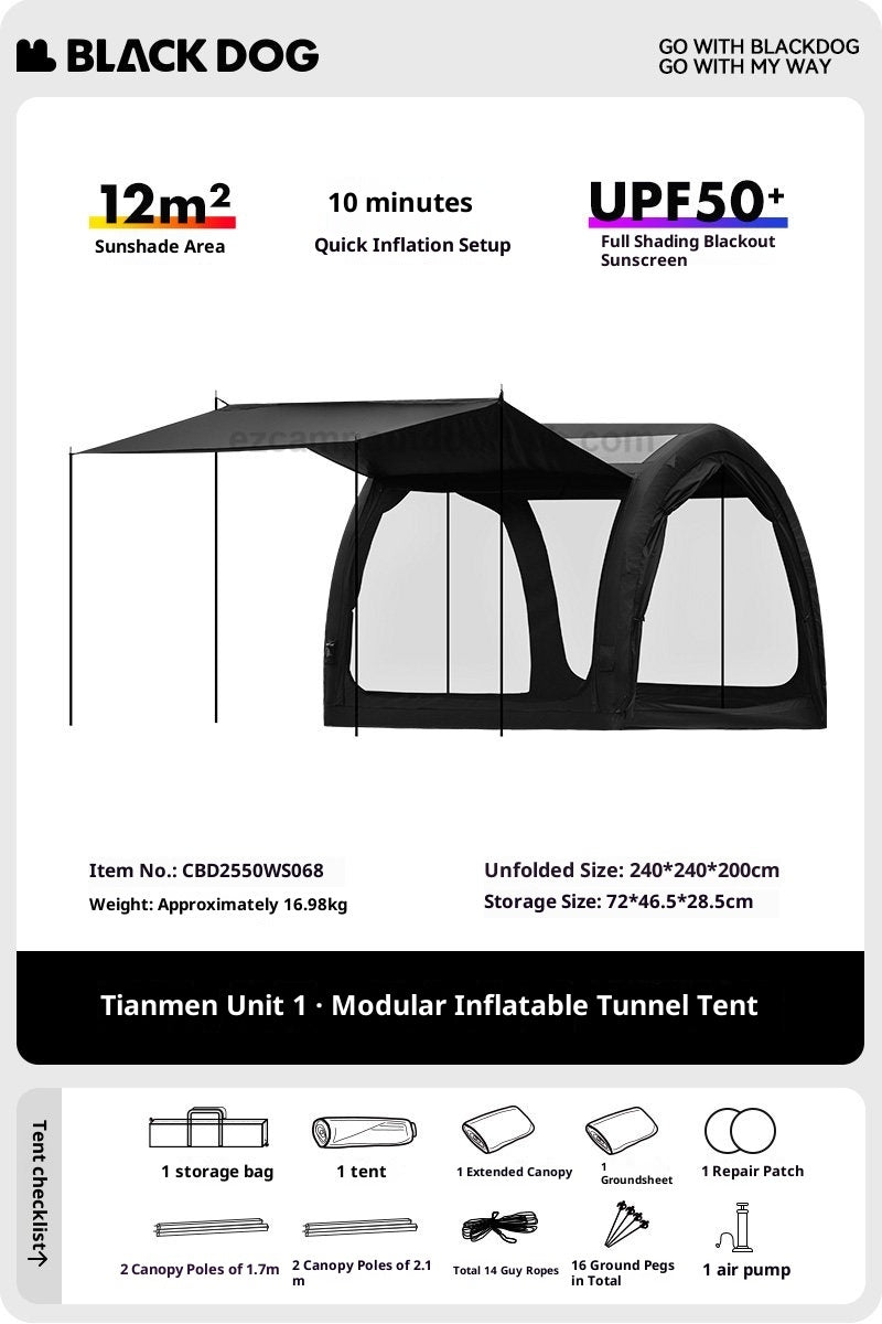 Blackdog DARKLINE AIR Inflatable Modular Tunnel Type Tent Fast Build Interconnected 30m² Shading Area High Ceiling Waterproof PU3000 Black Vinyl Coated Sunscreen