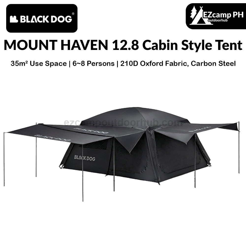 Blackdog MOUNT HAVEN 12.8 Cabin Style Tent 6-8 Person Ridge Tent Extra Large Space Up To 35m² Use Space 2 Bedroom Black Vinyl Coated Sunscreen Camping