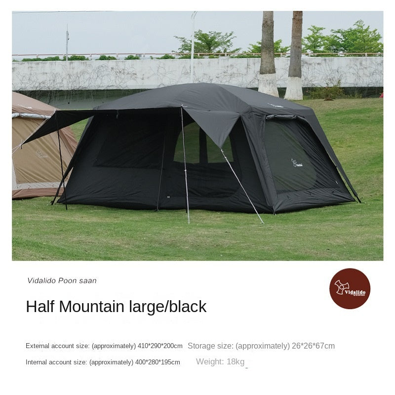 VIDALIDO Poon Saan Cabin Style Tent Semi-Automatic Waterproof Breathable Outdoor Camping Medium Large Tent for 4-10 Person Black Khaki Banshan Villa