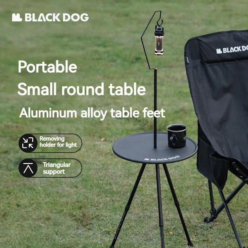 BLACKDOG Black Round Table Portable Aluminum Alloy Tea Coffee Table with Lamp Light Pole Post Stand Holder Portable Ultralight Adjustable Height