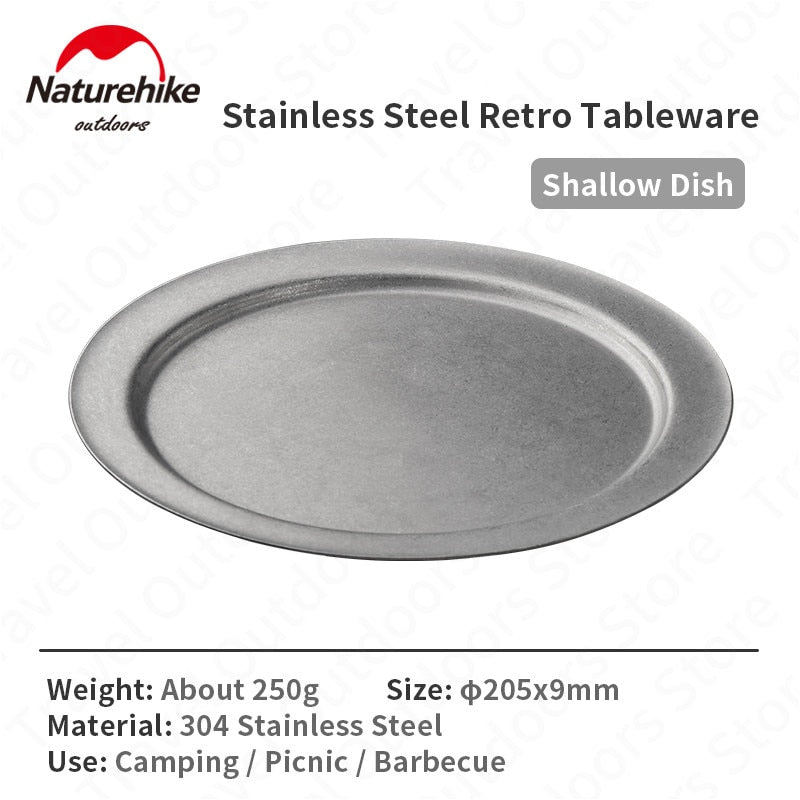 Naturehike Stainless Steel Retro Tableware Set Outdoor Portable Lightweight Vintage Style Plate Dish Cup Mug Coffee Tea Set Camping Hiking Picnic BBQ Dining Travel Utensil Heavy Duty Original Nature Hike