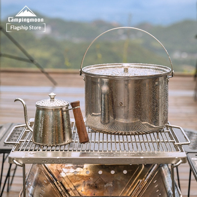 Campingmoon Stainless Steel Camping Cookware Set Portable Lightweight Large Capacity Hanging Pot Single-Handed Draining Pot Home Outdoor Camping