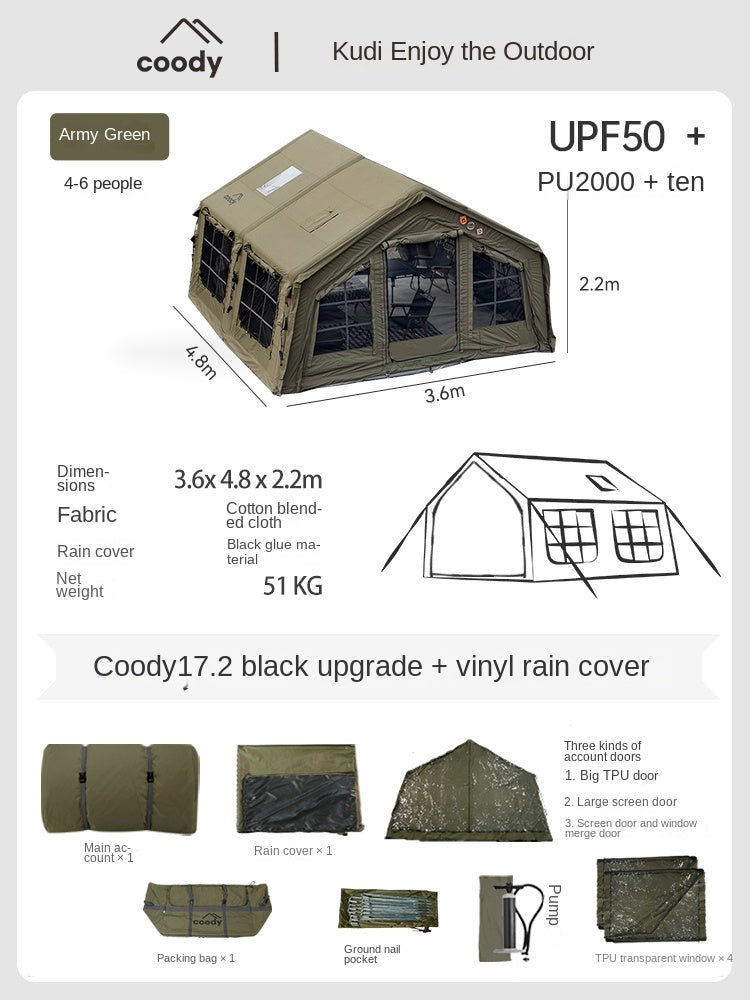 Coody FAMILIA AIR 17.2 Premium Cabin Inflatable Tent 6-8 Persons Extra Large 17.2m² Interior Space Waterproof Blended Cotton Black Vinyl Coated