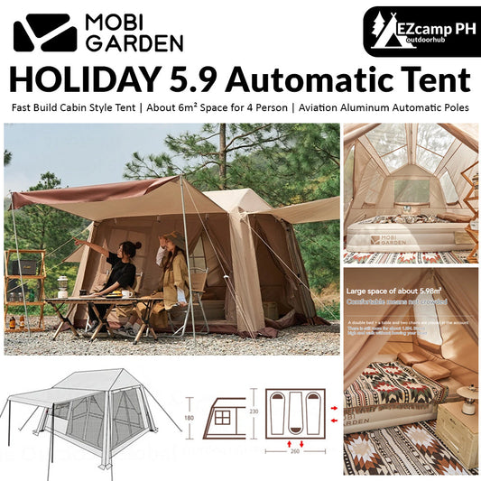 Mobi Garden HOLIDAY MOUNTAIN RESIDENCE 5.9 Fast Build Automatic Cabin Style Tent Waterproof 2 Door Built-in 2 Canopy Skylight village 6.0 ridge hut
