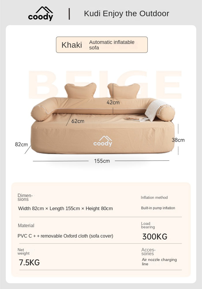 Coody Double Air Sofa Built-in Electric Automatic Air Pump Wireless Inflatable Leisure Lazy Foldable Sofa Love Seat Rechargeable Battery USB Charging