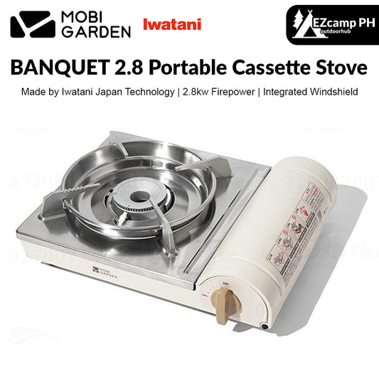 Mobi Garden x IWATANI BANQUET 2.8 Butane Cassette Stove Standard Canister Fuel Gas Burner 2.8KW High Firepower Integrated Windshield