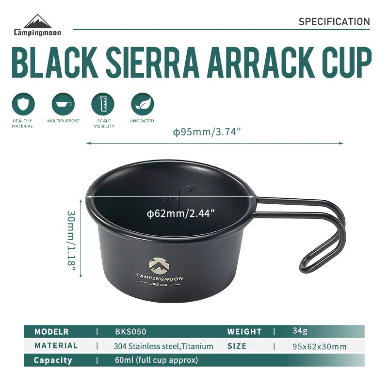CAMPINGMOON BKS Series Black Stainless Steel Sierra Bowl Beer Coffee Tea Mug Shot Glass Titanium Coated Shera Hanging Cup Stackable Storage Utensil