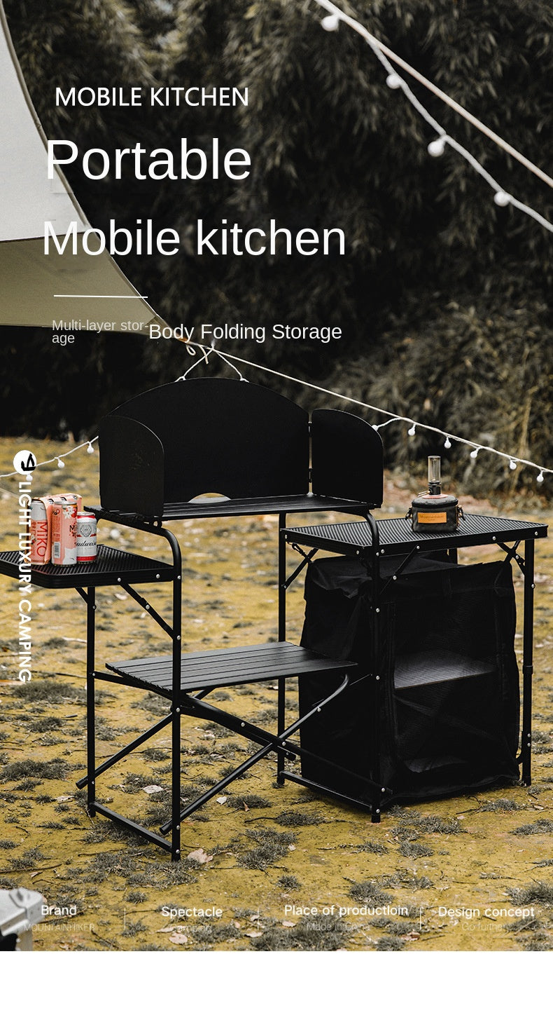 Mountainhiker Black Mobile Kitchen Table Portable Foldable Multipurpose One Piece Folding Outdoor Kitchen Camping Multi-layer Storage With Built-in Wind Deflector