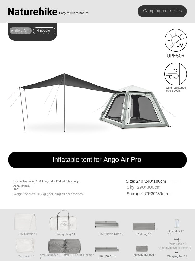 Naturehike ANGO AIR PRO Inflatable Dome Style Tent Portable 3-4 Persons Fast Build With Extended Canopy Removable Built-in Electric Air Pump Waterproof