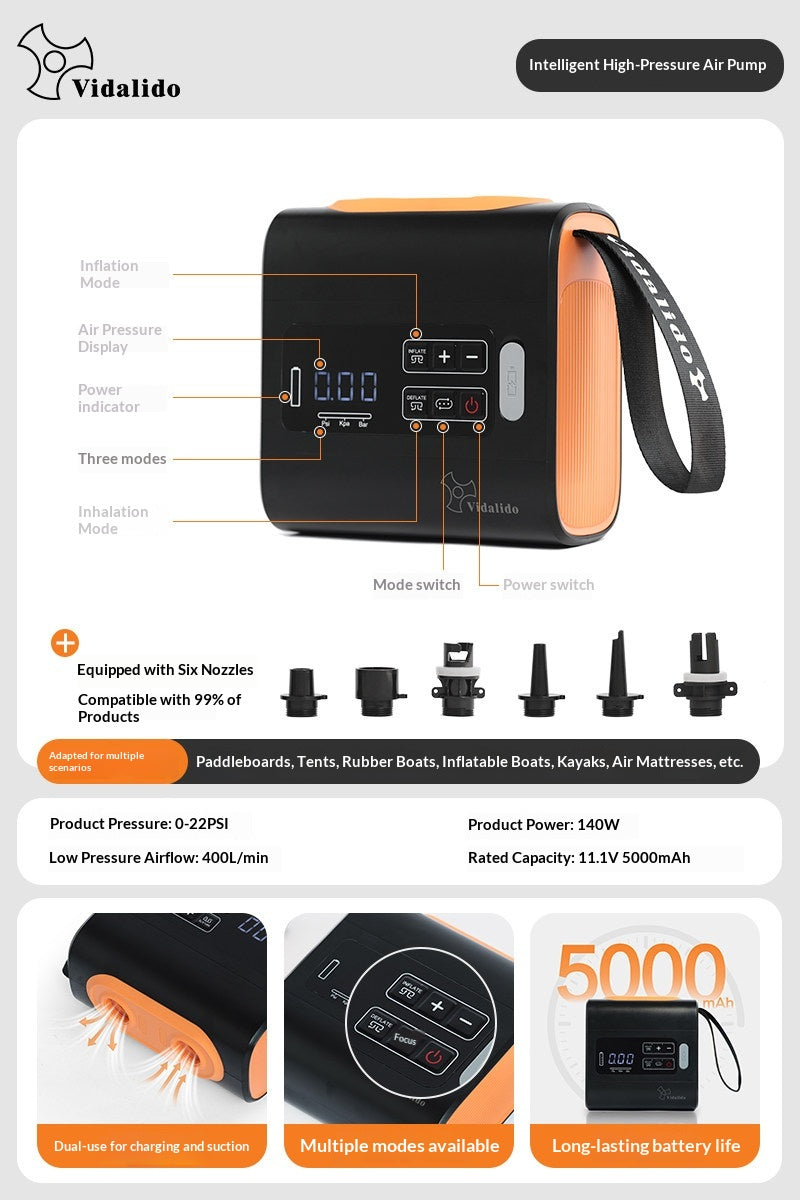 Vidalido Smart High Pressure Air Pump Portable Automatic Inflation & Deflation Electric Air Pump Fast Charging 5000mAh Battery Outdoor Camping