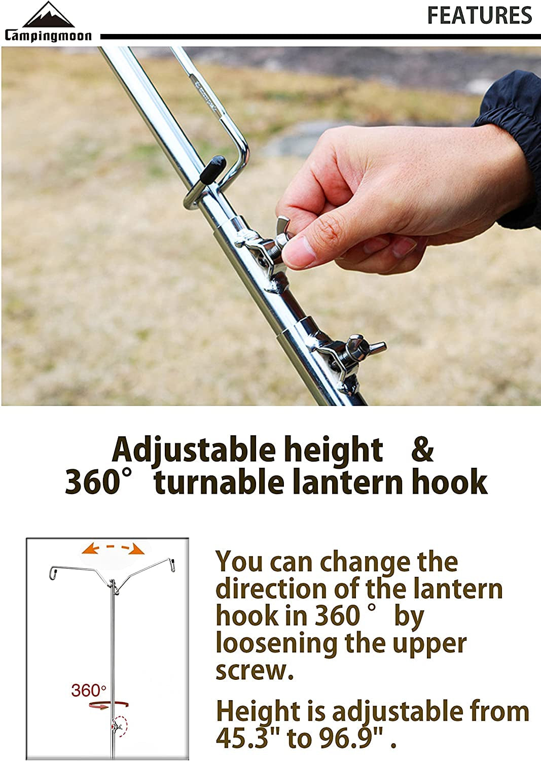 CAMPINGMOON D-240 / D-243 Stainless Steel Dual Lamp Post Camping Lantern Light Pole Adjustable Height 15kg Max Load Original with Optional Tripod