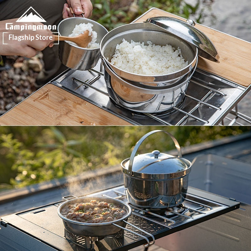 Campingmoon Stainless Steel Camping Cookware Set Portable Lightweight Large Capacity Hanging Pot Single-Handed Draining Pot Home Outdoor Camping