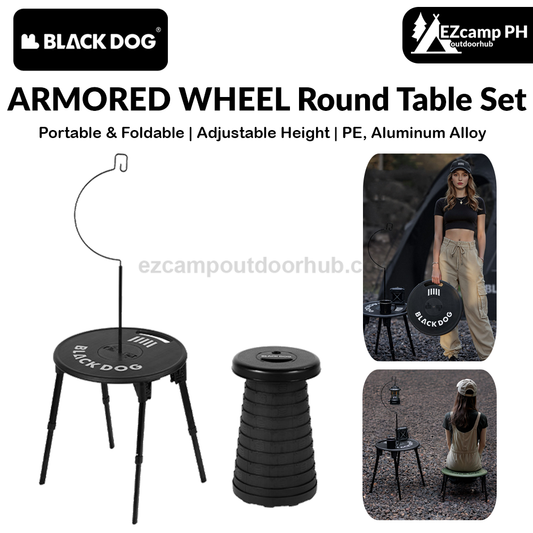 BLACKDOG ARMORED WHEEL Round Table Set Portable Ultralight Foldable Round Table With Lamp Light Hook Folding Tactical Black Table Chair Camping