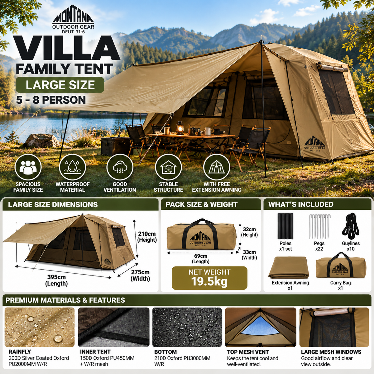 Montana VILLA Cabin Style Family Camping Tent Large Medium 5-8 Person Waterproof Manual Silver Coat