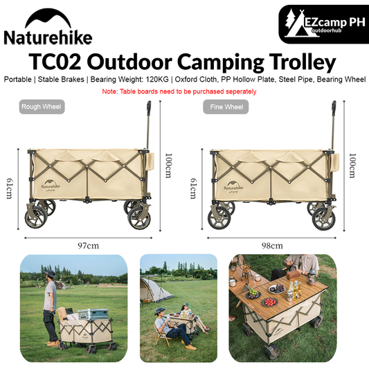 Naturehike TC02 Outdoor Camping Trolley 197L Cart Fine Wheel or Rough All Terrain Wheels Stable Brake Wheel 4 Way Folding with Optional Table Board