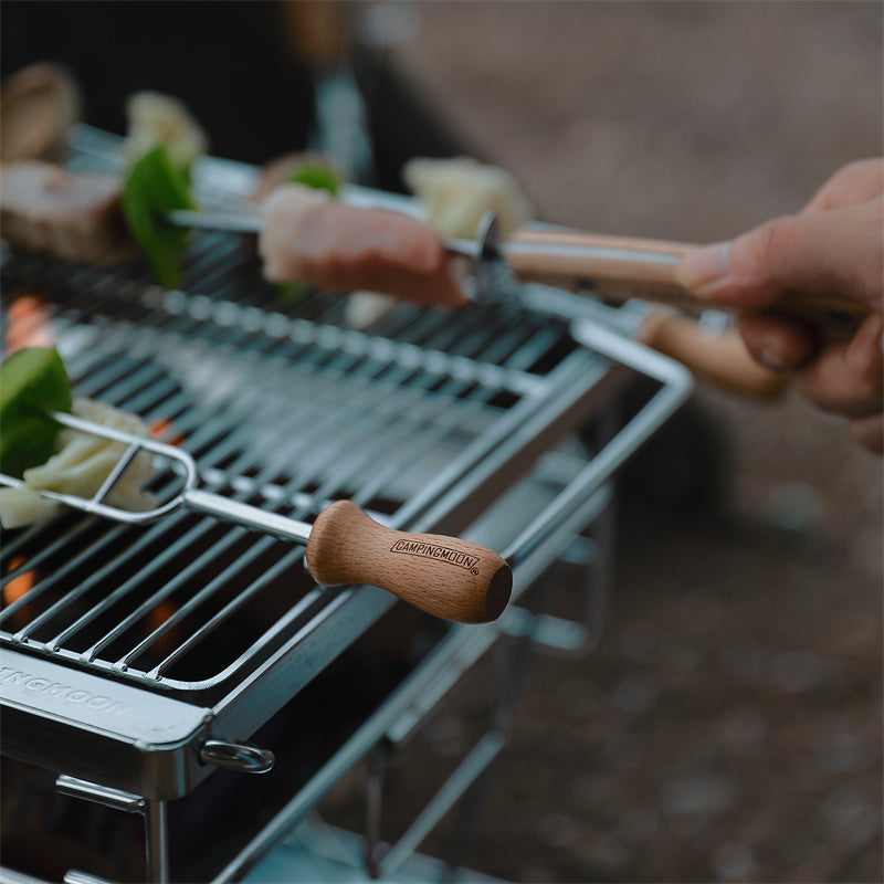 CAMPINGMOON MK-8 Stainless Steel Twin Skewer Outdoor Portable Lightweight Food Grade BBQ Skewers With Wooden Handle Barbecue Kebab Fork Needle