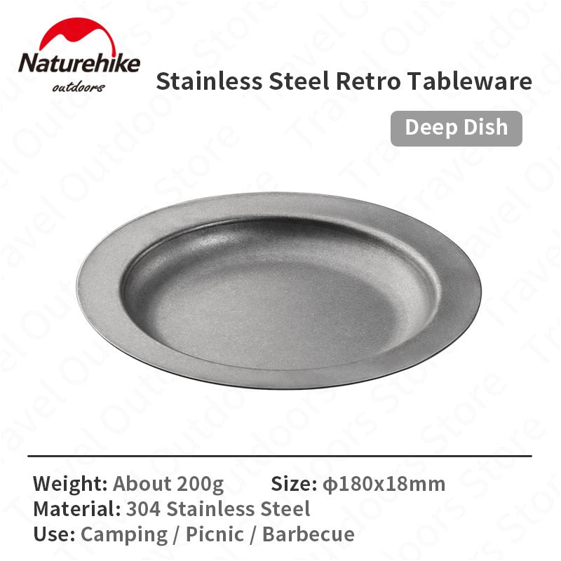 Naturehike Stainless Steel Retro Tableware Set Outdoor Portable Lightweight Vintage Style Plate Dish Cup Mug Coffee Tea Set Camping Hiking Picnic BBQ Dining Travel Utensil Heavy Duty Original Nature Hike